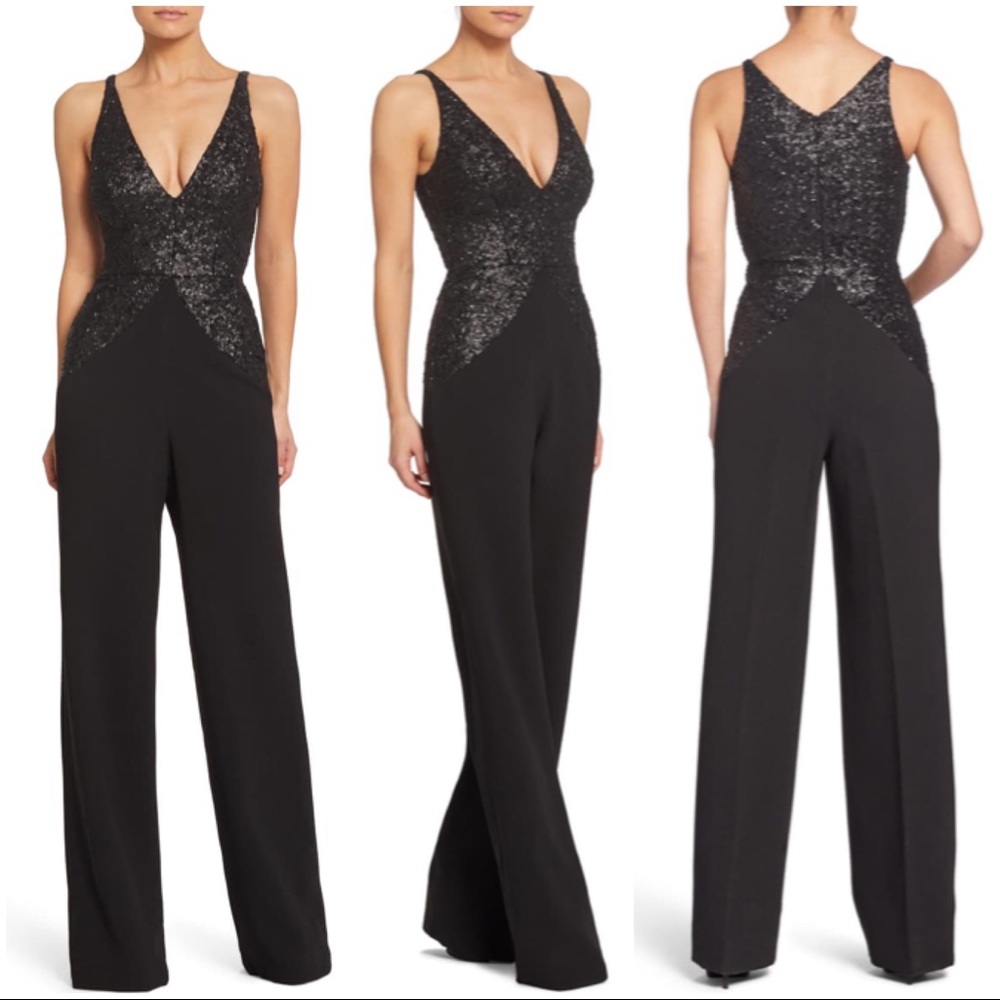 •DRESS the POPULATION• Black Joey Sequin Jumpsuit 70’s inspired